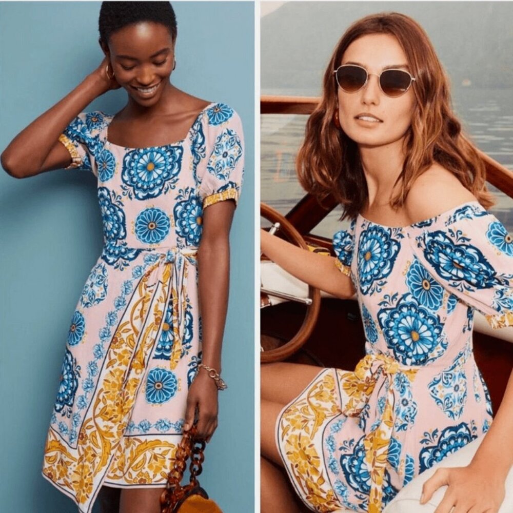 🌸 Maeve Anthropologie Puff Sleeve Wrap Dress – Mediterranean Print, Size 10